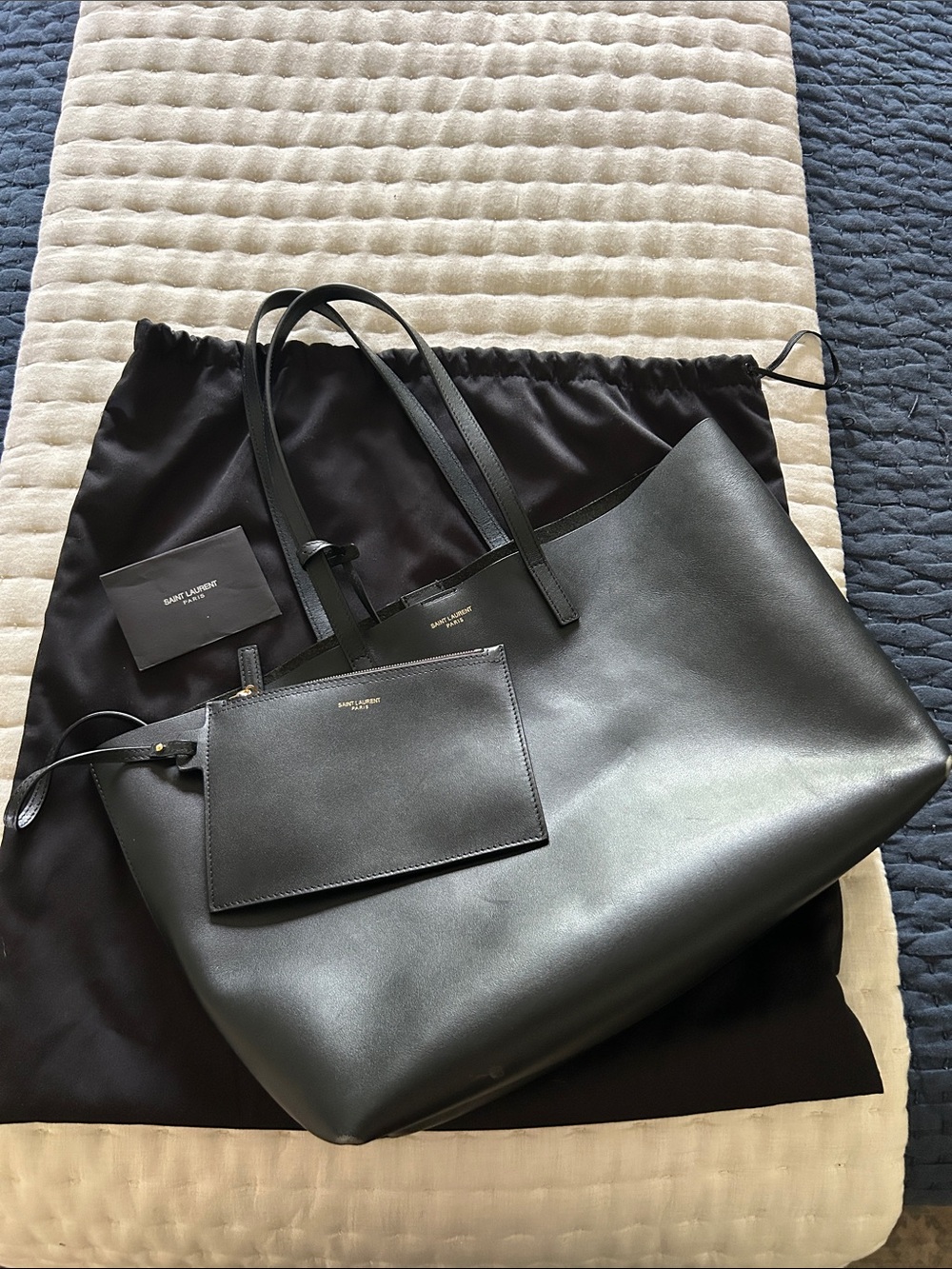 Authentic Saint Laurent Black Leather Tote with Matching Pouch